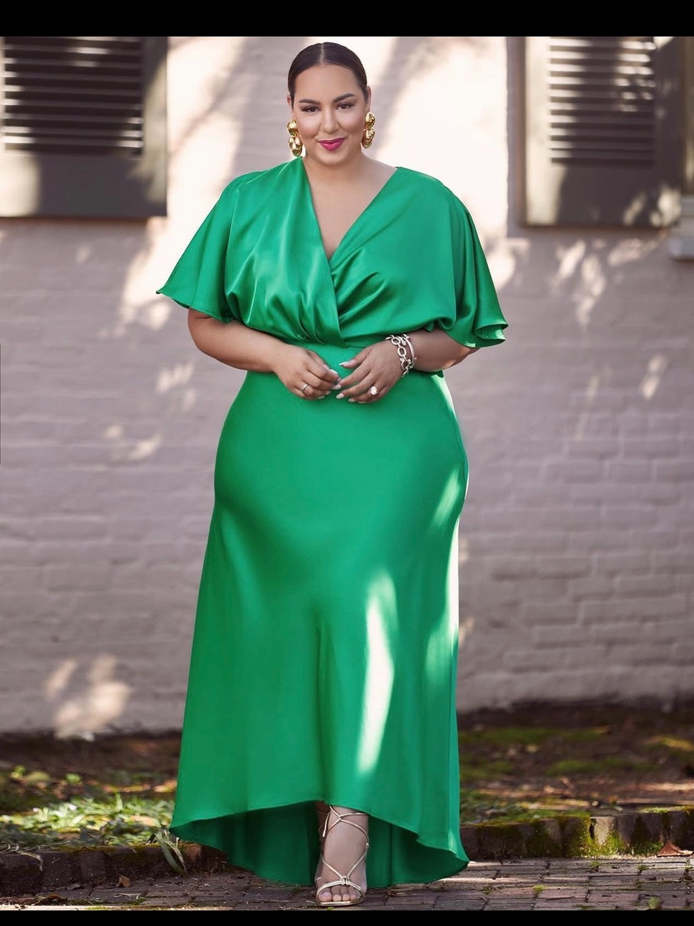Eloquii Elegant Green V-Neck Plus-Size Satin Dress